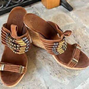 Tory Burch Tricia Suede Cork Wedge Sandals Jeweled Slides Sz 10.5
